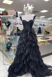 Light Blue Sequin Appliques Tiered Ruffles Prom HZ0307