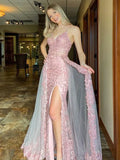 Pink Lace High Split Evening Prom HZ0307