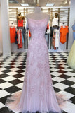Pink Lace Appliques Mermaid Tulle Prom HZ0307
