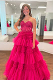 Hot Pink Sweetheart Prom Dress, Fuchsia Tiered Ruffles Evening HZ0307