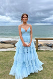 Light Blue Pleated A-line Tiered Prom HZ0307