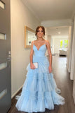 Light Blue Pleated A-line Tiered Prom HZ0307