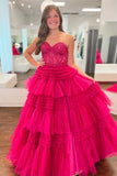 Hot Pink Sweetheart Prom Dress, Fuchsia Tiered Ruffles Evening HZ0307