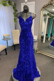 Royal Blue Mermaid Sequined Long Prom Dress, Spaghetti Straps Evening Party HZ0307