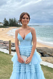 Light Blue Pleated A-line Tiered Prom HZ0307