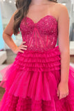 Hot Pink Sweetheart Prom Dress, Fuchsia Tiered Ruffles Evening HZ0307