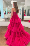 Hot Pink Sweetheart Prom Dress, Fuchsia Tiered Ruffles Evening HZ0307