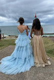 Light Blue Pleated A-line Tiered Prom HZ0307