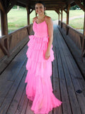 LTP1781,Unique A Line Light Pink Ruffles Layered Tulle Long Prom HZ0307