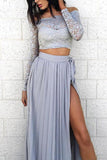 LTP1338,Two Pieces Grey Blue Lace Chiffon Prom Evening Dresses Long Formal HZ0307