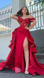 Illusion Off The Shoulder Red Floral Beaded Prom Evening HZ0307