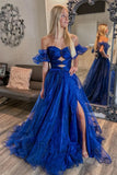 Royal Blue Organza A-Line Long Evening Prom Dress With Side HZ0307