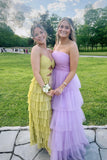 Spaghetti Straps Yellow Keyhole Tiered Ruffle Long Formal HZ0307
