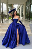 Royal Blue Satin Split A-Line Long Evening Prom HZ0307