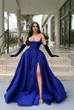 Royal Blue Satin Split A-Line Long Evening Prom HZ0307