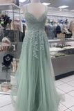 Straps Sage Green Appliques Tulle Long Formal HZ0307