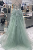 Straps Sage Green Appliques Tulle Long Formal HZ0307