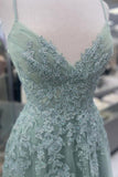 Straps Sage Green Appliques Tulle Long Formal HZ0307