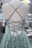 Straps Sage Green Appliques Tulle Long Formal HZ0307