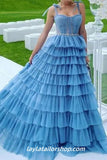 Sky Blue Tulle Ruffles Long Evening Prom HZ0307