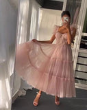 LTP1866,A-Line Pink Off The Shoulder Tulle Prom Homecoming HZ0307