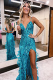 Luxury Sequins Feather Bodycon Long Evening Prom HZ0307