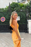 Straps Yellow Soft Satin Fitted Long Party HZ0307