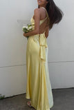 V Neck Yellow Satin Bow Back Party HZ0307