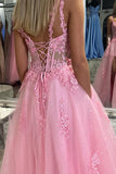 Pink Lace Appliques A-line Long Formal HZ0307