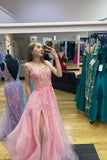 Pink Lace Appliques A-line Long Formal HZ0307