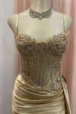 Spaghetti Straps Sage Beaded Satin Long Formal HZ0307
