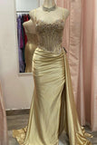 Spaghetti Straps Sage Beaded Satin Long Formal HZ0307