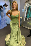 Spaghetti Straps Sage Beaded Satin Long Formal HZ0307