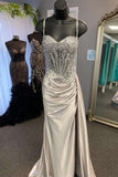 Spaghetti Straps Sage Beaded Satin Long Formal HZ0307