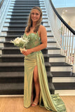Spaghetti Straps Sage Beaded Satin Long Formal HZ0307