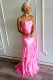 Strapless Pink Fitted Ruffle Long Party HZ0307