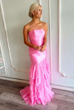 Strapless Pink Fitted Ruffle Long Party HZ0307