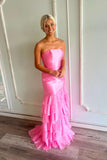 Strapless Pink Fitted Ruffle Long Party HZ0307