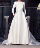 Elegant Ivory Long Sleeves A-Line White Wedding Dresses High Quality Satin Bridal Gown With Sweep HZ0307