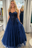 Navy Blue Lace Straps A-line Long Formal HZ0307