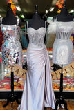 Spaghetti Straps Sage Beaded Satin Long Formal HZ0307