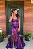 Strapless Purple Metallic Draped Prom HZ0307