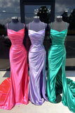 Straps Pink Ruched Satin Fitted Long Prom HZ0307
