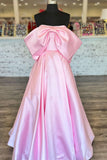 Bow Front Pink Satin A-line Long Formal HZ0307