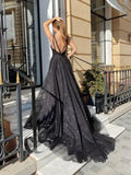 LTP1254,Glitter Black A-Line Prom Dresses,V-Neck Evening Formal HZ0307