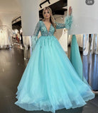 Long Sleeves Beaded V-Neck Evening Prom HZ0307