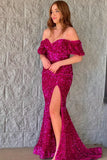 Off The Shoulder Fuchsia Sequins Long Prom HZ0307