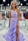 Luxury Lace One Shoulder Sequined Appliques Multi Layers Split Prom HZ0307