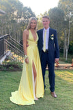 Plunge Yellow A-line Long Formal Dress with HZ0307
