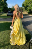 Plunge Yellow A-line Long Formal Dress with HZ0307